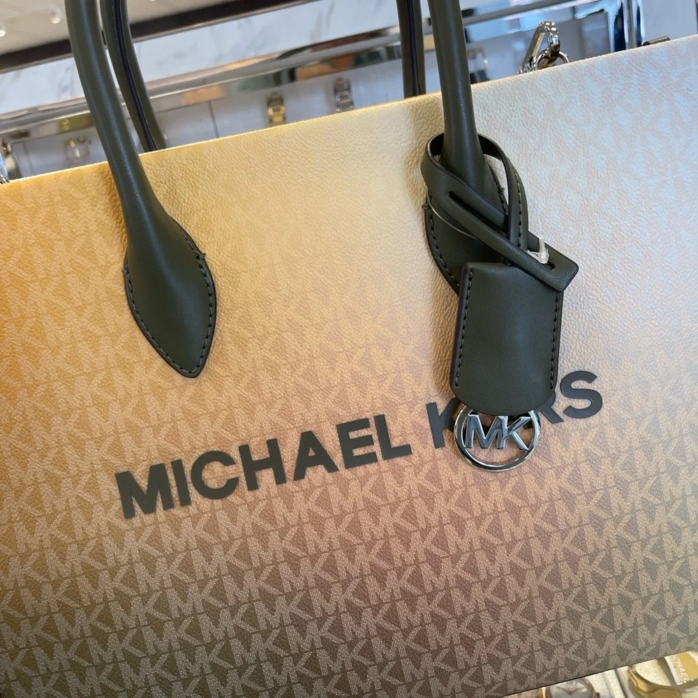 MICHAEL KORS Mirella Medium Ombré Signature Logo Tote Bag Olive Combo  NWT